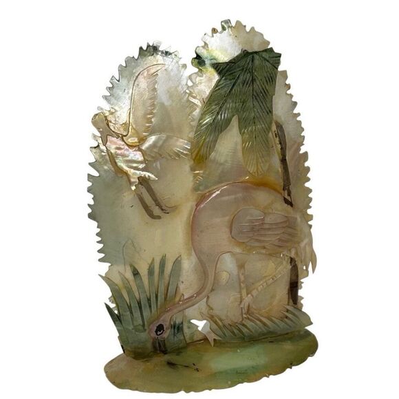 NWT Handcarved Tourist Mother Of Pearl Flamingo Deco Shell Art Multicolor Signed - Picture 5 of 14